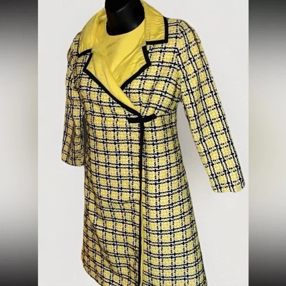 Vintage sheath Dress and Jacket yellow black white plaid tweed measures XS - Picture 3 of 11